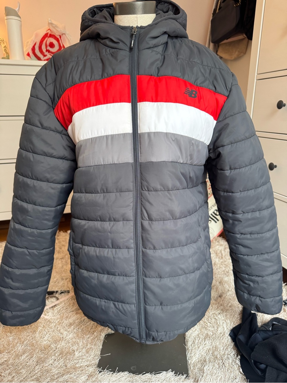 New Balance Gray Hooded Puffer Jacket with Red & White Chest Stripes
